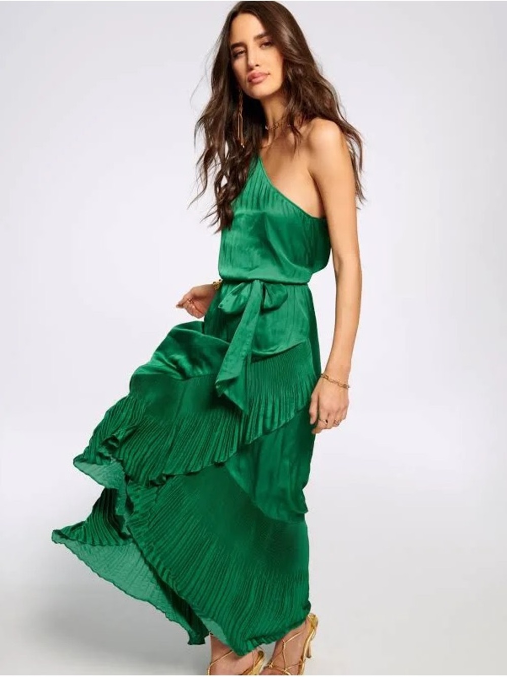Ramy Brook One-Shoulder Emerald Green Pleated Maxi Dress